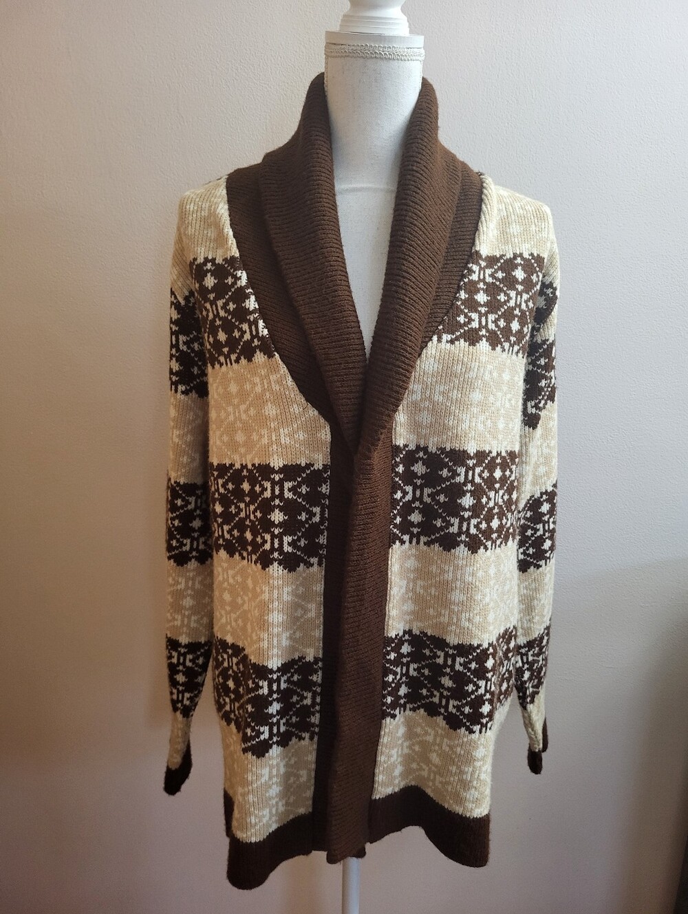 Vintage Geometric Fair Isle Shawl Collar Cardigan Brown Cream Size Medium